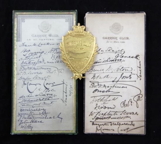 Garrick Club 1895 and 1900 signed cards and a gilt metal plaque for the Empress Club 1897, 7.25in.